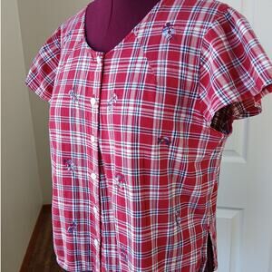 Cascade Blues red plaid embroidered blouse L altered repaired cotton button up